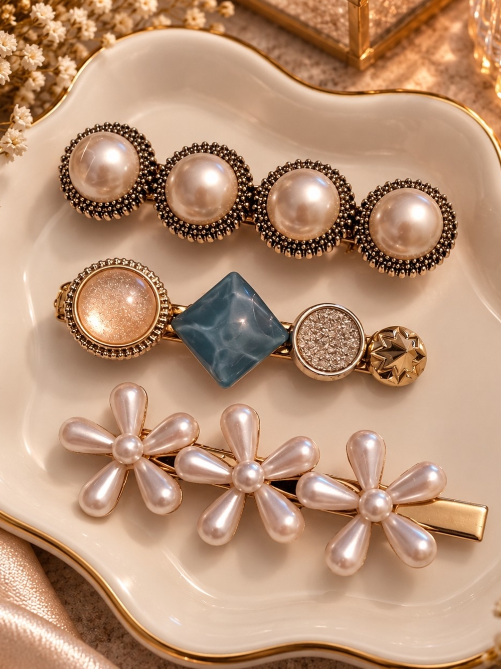 Pearl & Gold Floral Hair Clip Set - Women Accessories New Vintage Look